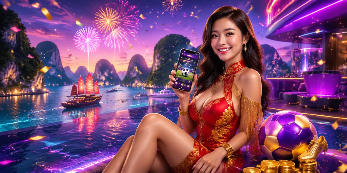 Màn hình phân tích kèo bóng đá với khung cảnh vịnh Hạ Long về đêm