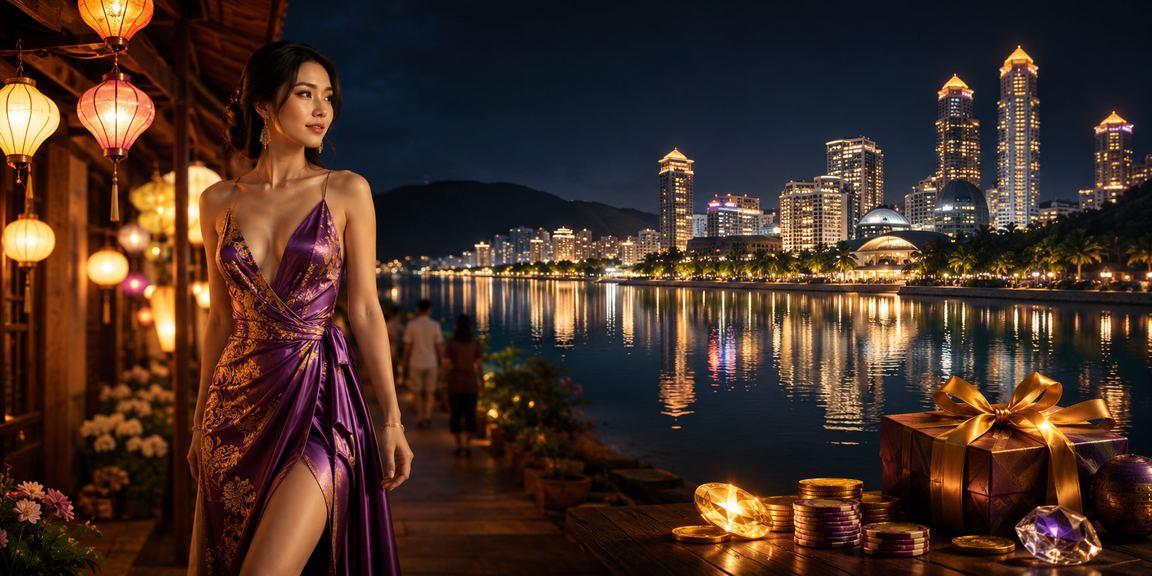 Khung cảnh đêm tại Phú Quốc với người dùng truy cập nền tảng giải trí trực tuyến